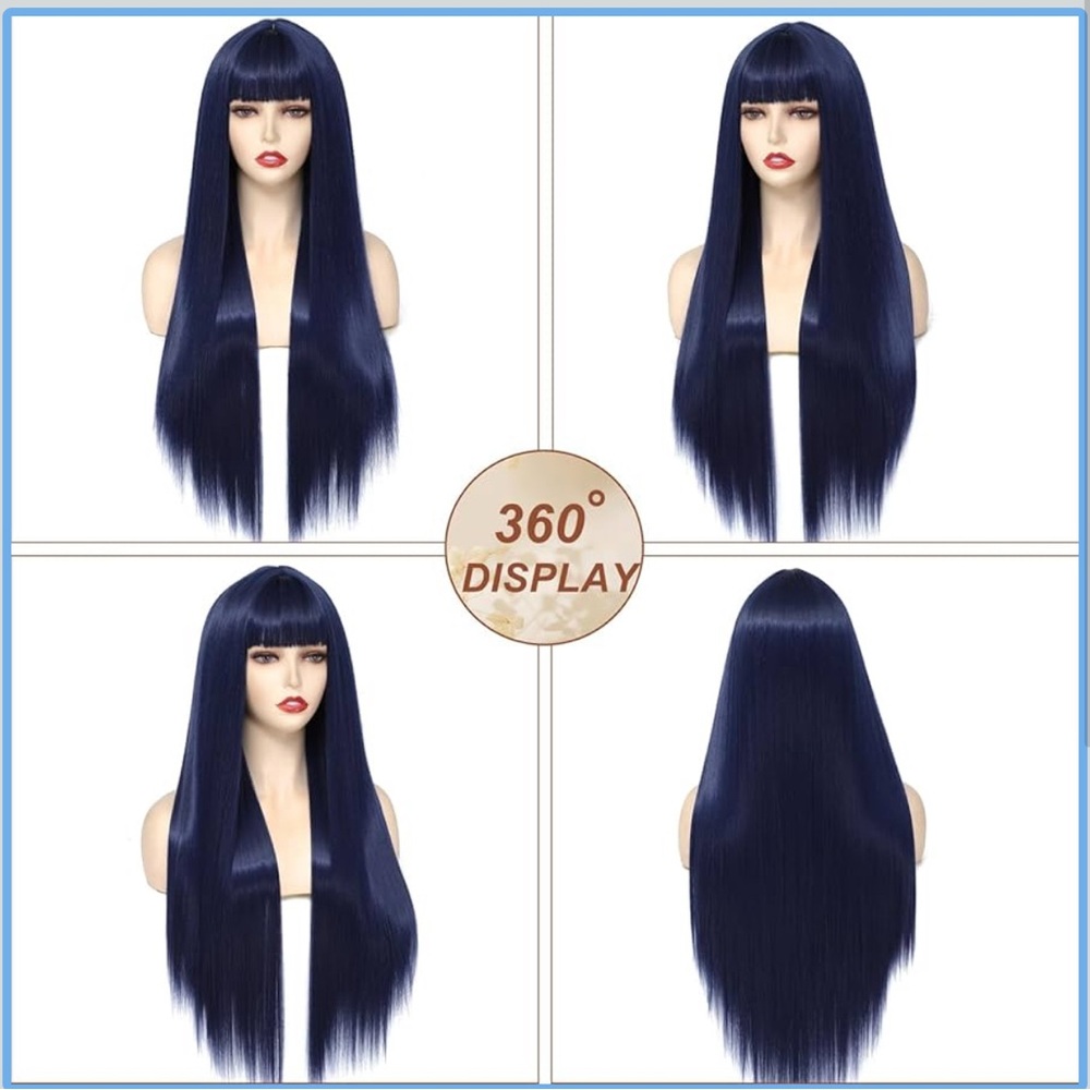 NEW Long Straight Blue Wig with Bangs